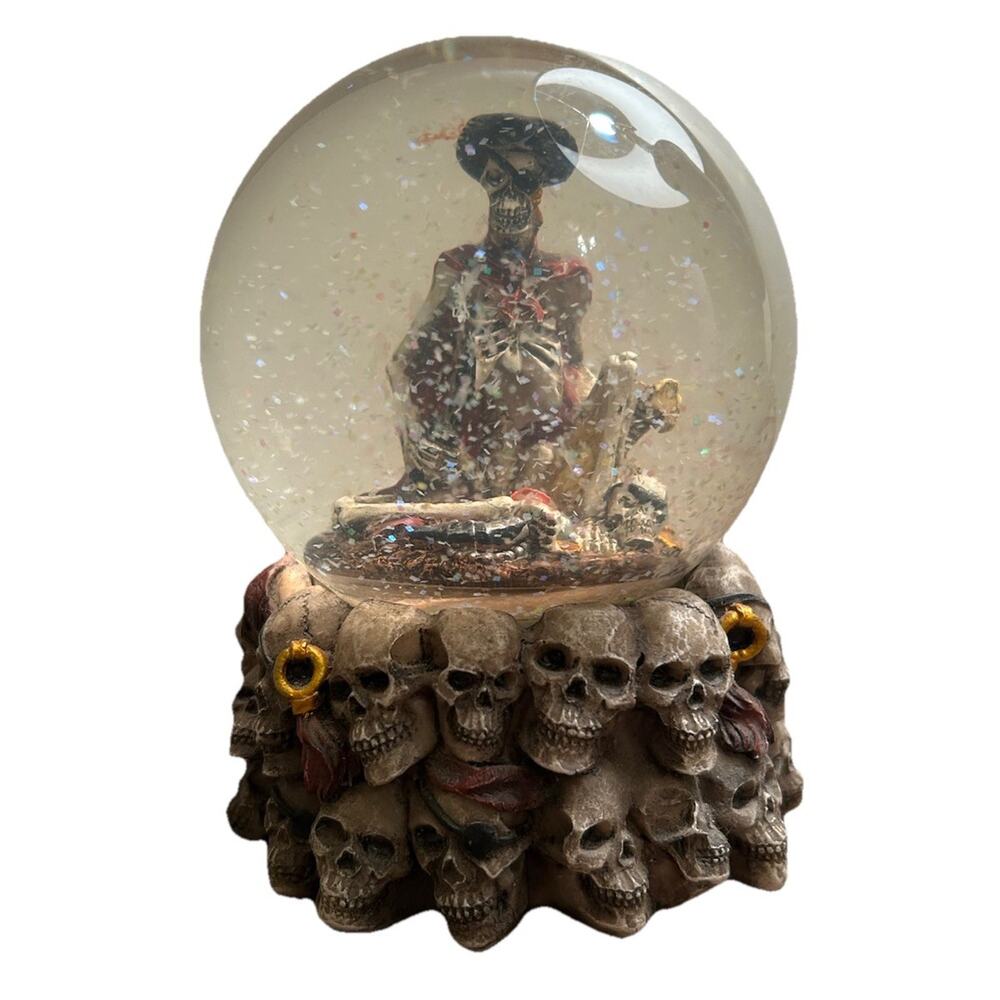 SKELETON SNOW GLOBE 5.5” Skull Head Base Halloween Spooky Gothic Gold Bones EUC